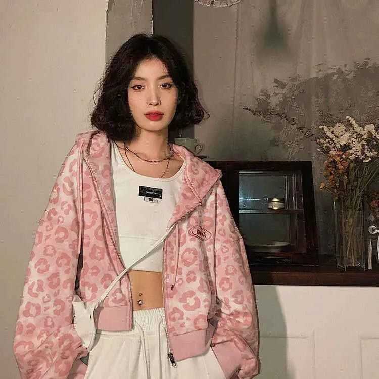 Y2K Pink Leopard Print Casual Sweatshirt