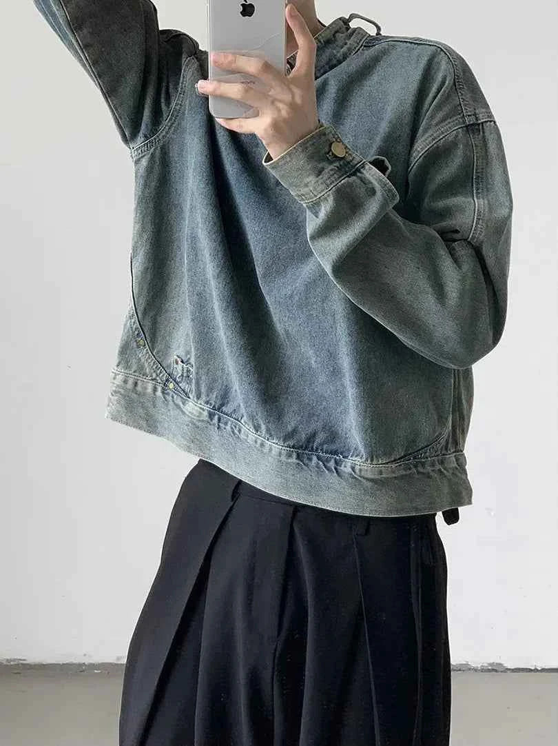Y2K Washed Buckle Collar Motorcycle Denim Jacket