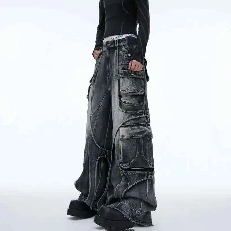 Patchwork Irregular Ribbon Wide Leg Baggy Jeans