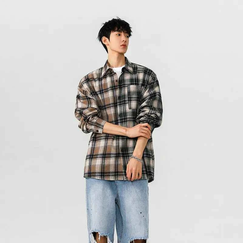 Streetwear Stylish Two Color Plaid Patchwork Cotton Long Shirt