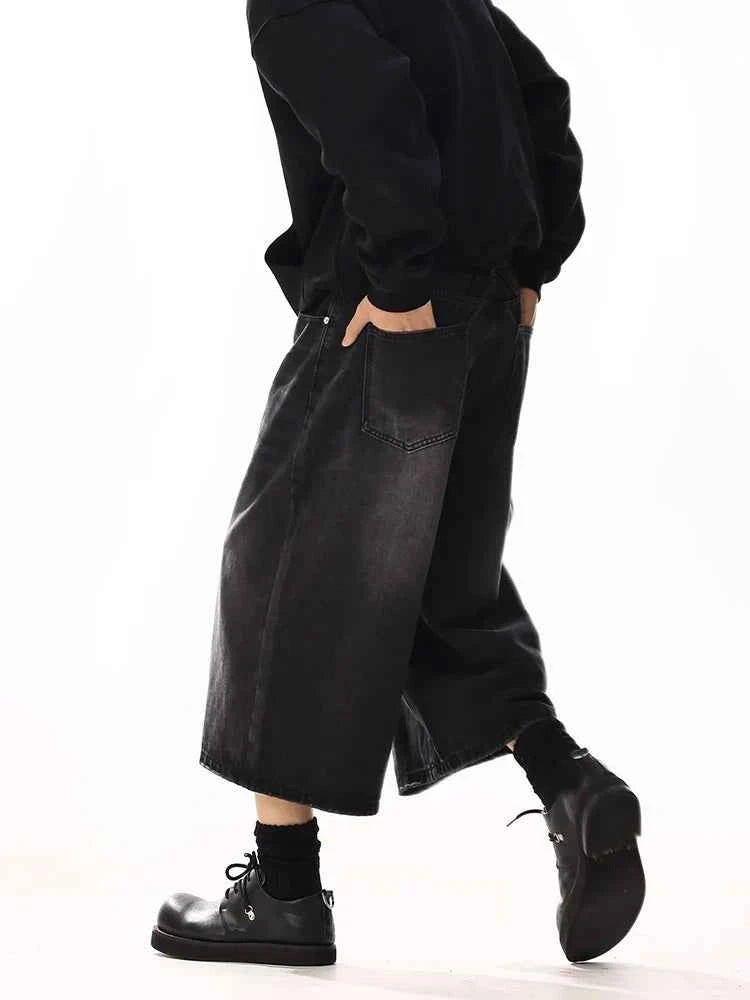 Men Black Wide Leg Cleanfit Denim Jorts