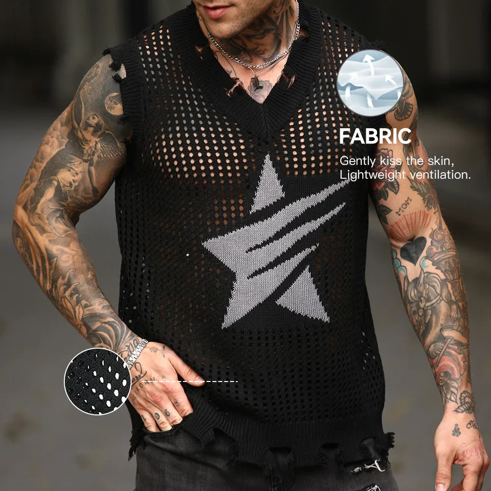 Solid Star Knitted Ripped Vest