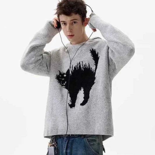 Colorful Japanese Cat Print Knit Hoodie