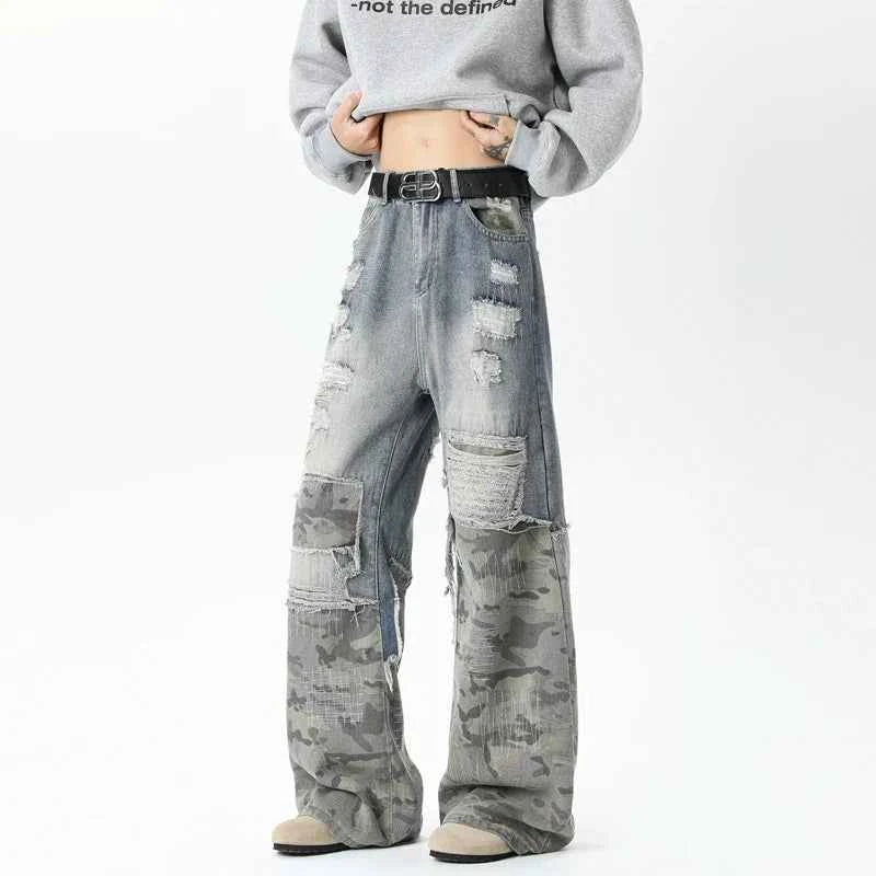 Stylish Camouflage Ripped Patchwork Wide Jeans