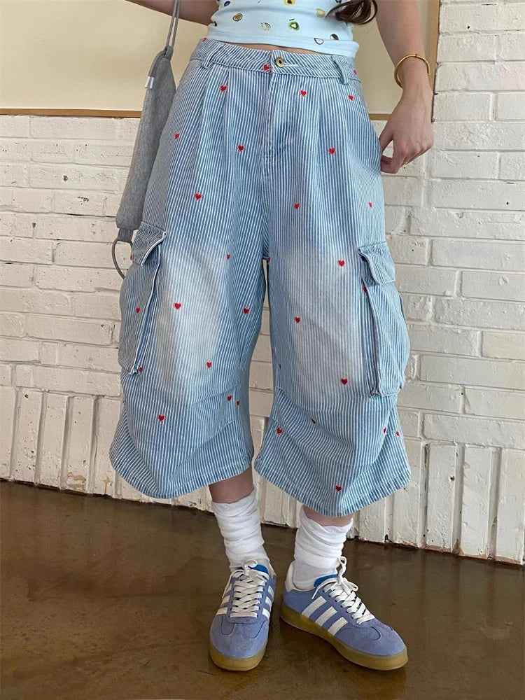 Chic Striped Heart Embroidery Cargo Jorts - Baggy Wide-Leg Denim Shorts