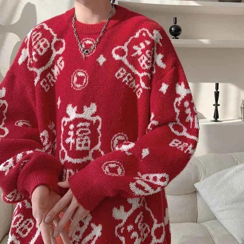 Cozy Chinese Blessing Christmas Knit Sweater