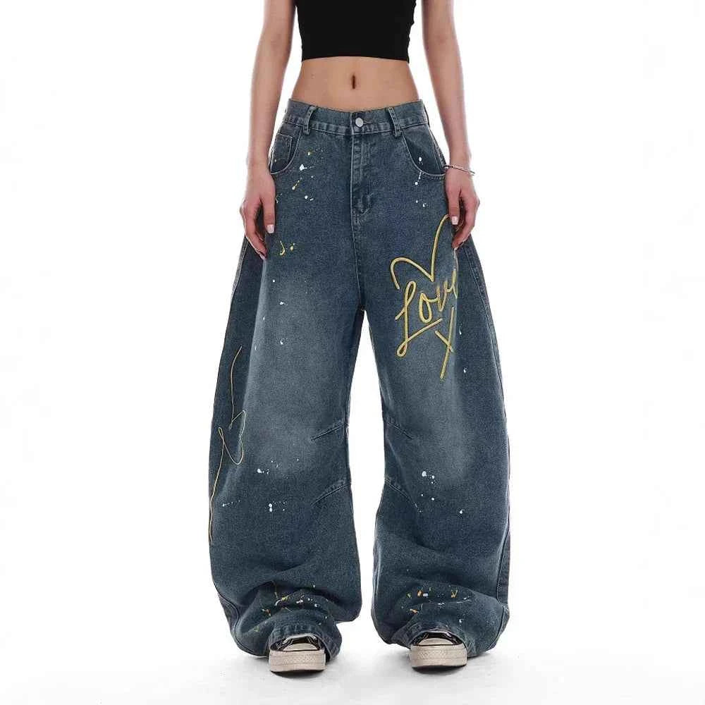 Women Embroidered American Style Retro Straight Jeans