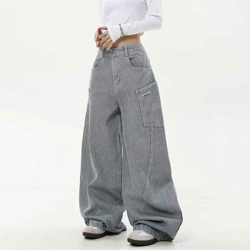 Y2K Striped Curved Knife Wide Leg Cargo Jeans