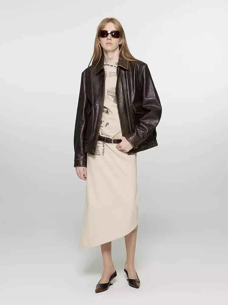 Women Brown Distressed PU Leather Jacket