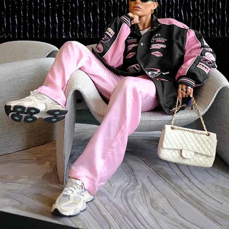 Graphic Modern Pink Patchwork Racer Jacket