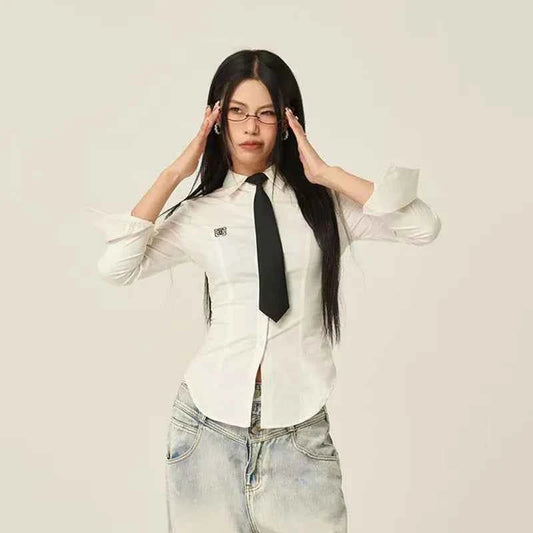 Women Stylish Trendy White Slim Fit Tie Shirt