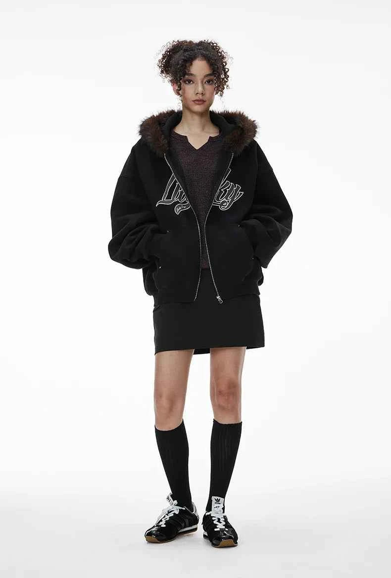 Cozy Embroidered Faux Fur Collar Hooded Sweatshirt