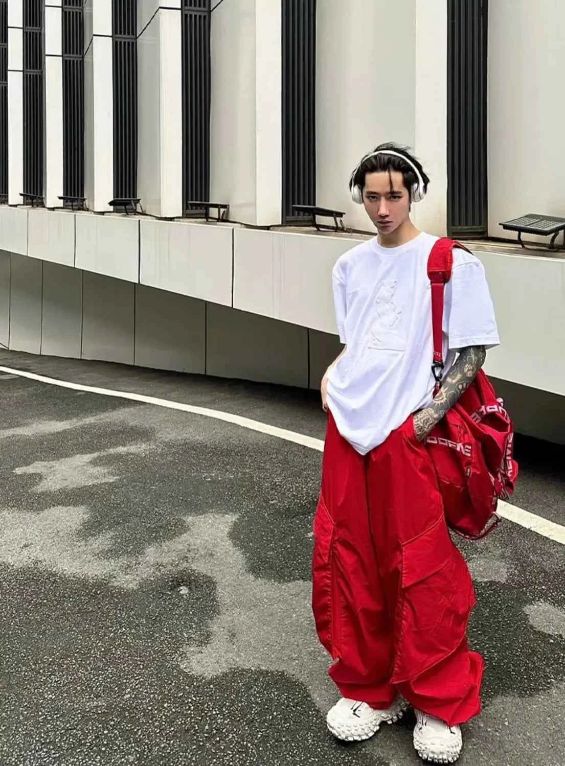 Men Streetwear Red Vibe Loose Wide Leg Pants