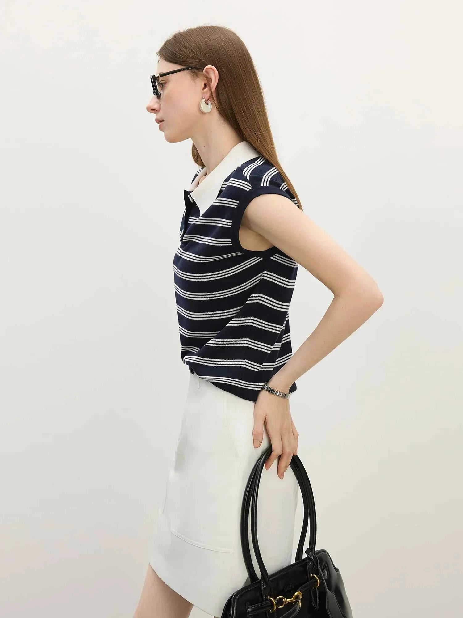 Women Casual Striped Knit Sleeveless Button Collar T-Shirt