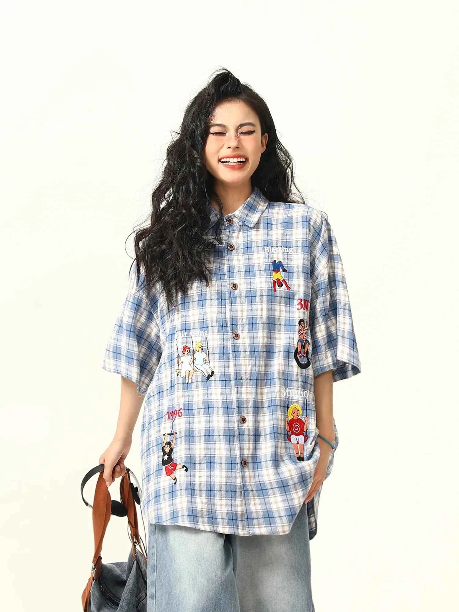 Blue Plaid Cartoon Character Embroidered Shirt
