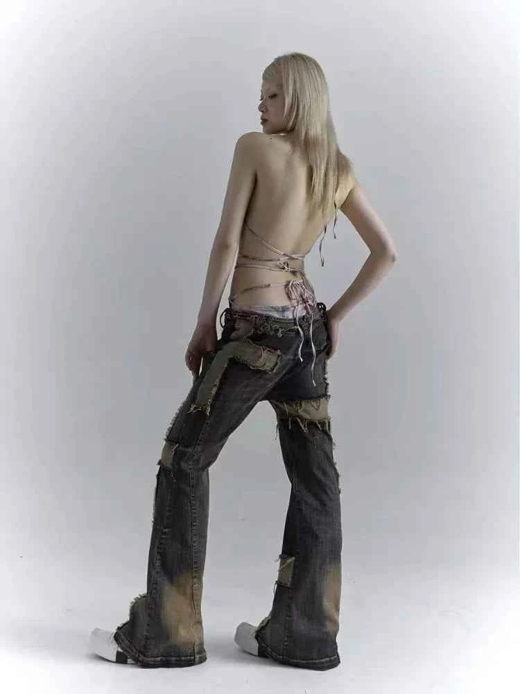 Gothing Patchwork Cross Design High Waist Jeans