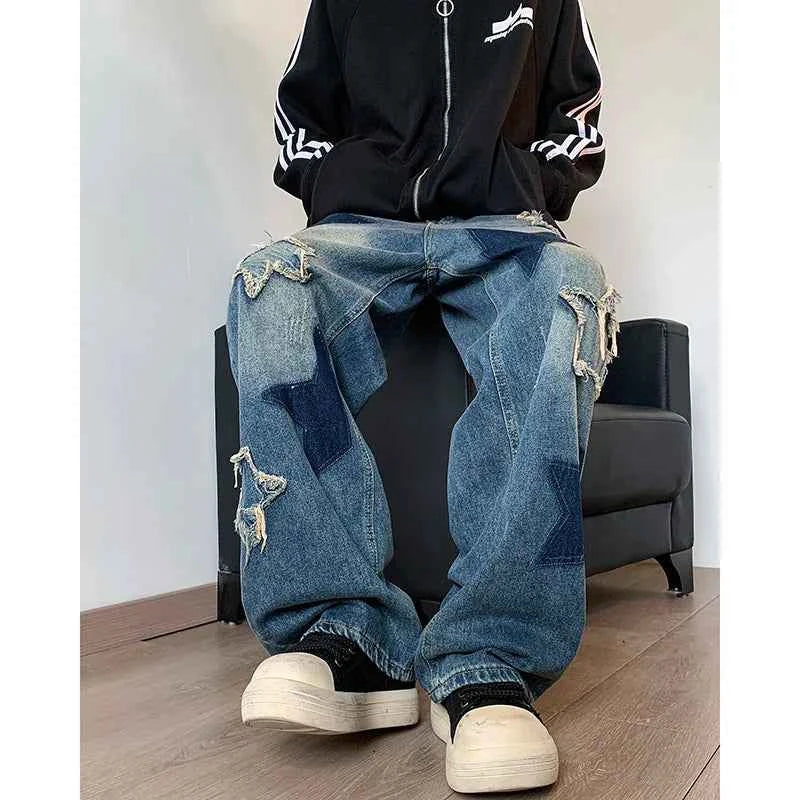 Embroidered Star Patchwork Wide Leg Jeans
