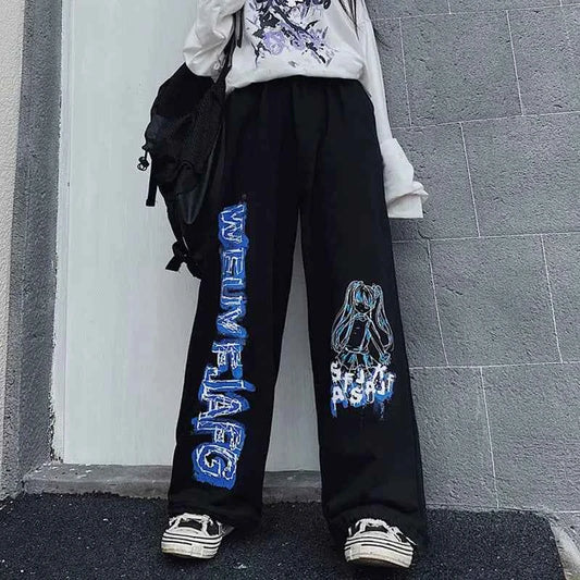 Retro Anime Print Oversized Wide Sweatpants
