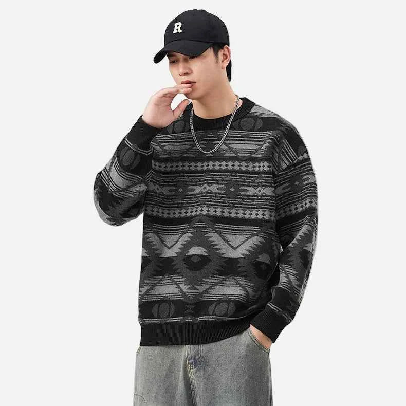 Geometric Pattern Crew Neck Knitted Sweater