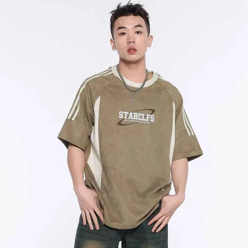 Retro Embroidered Suede Patchwork Racing T-Shirt