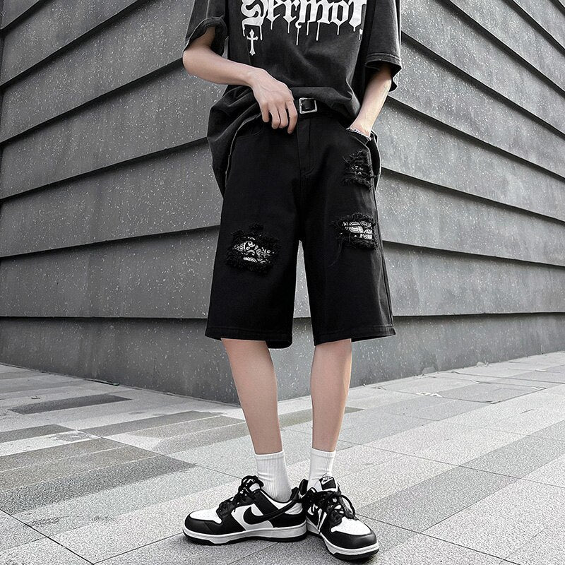 Ripped Hole Patchwork Knee Length Shorts