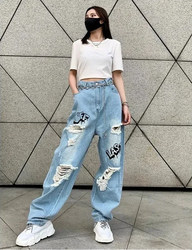 Women High Waist Graffiti Wide Leg Jeans