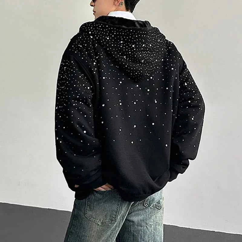 Diamond Patchwork Hooded Faux Fur Sweatshirt