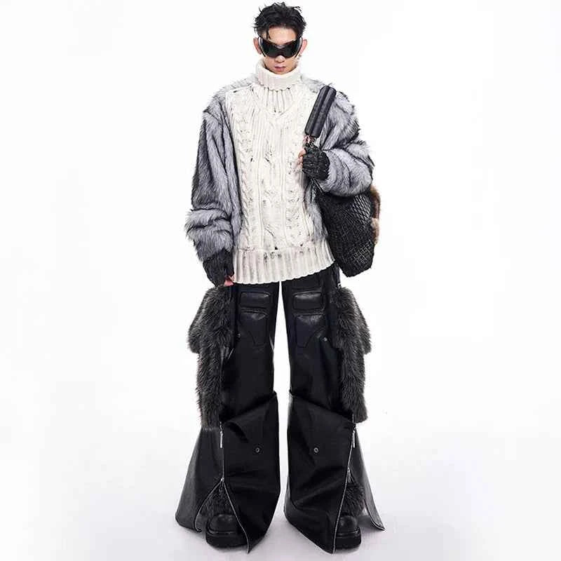 Luxurious Imitation Fur Patchwork High Neck Sweater
