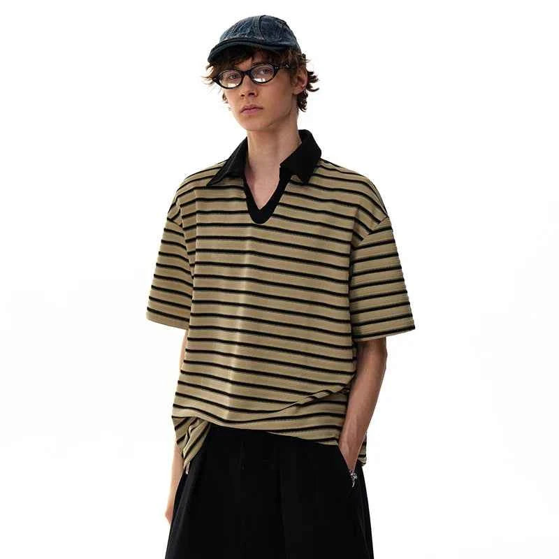 Classic Retro Stylish Color Block Polo Neck T-Shirt