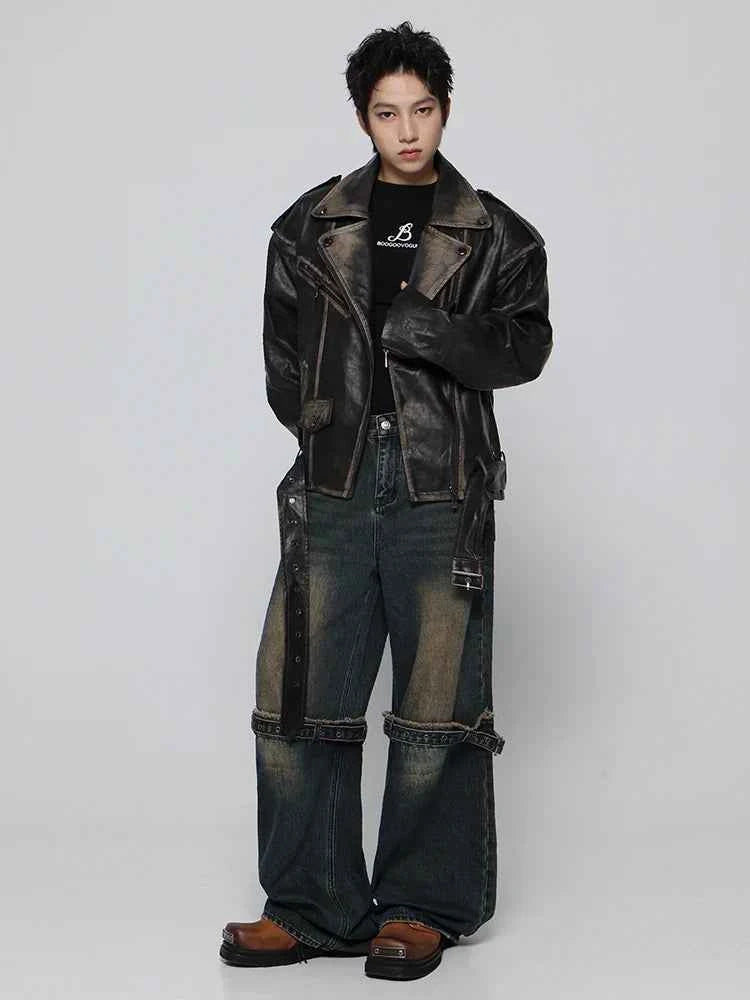 Streetwear Retro Distressed Black Leather Jacket