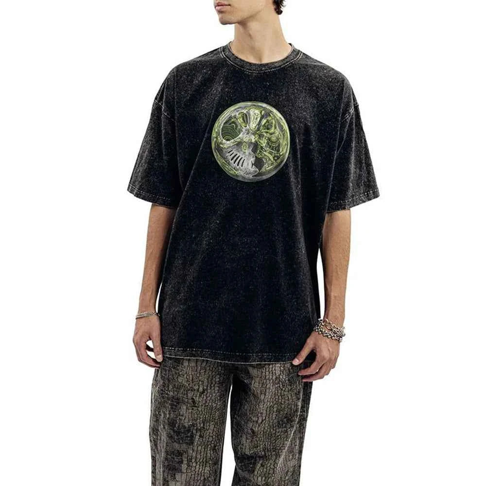 Retro Patterned Short-Sleeved Cotton T-Shirt