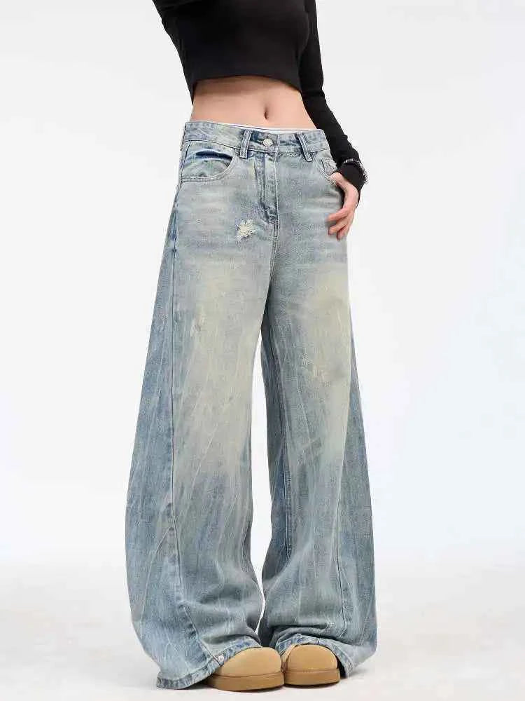 Blue Splicing Straight Leg Oversized Jeans