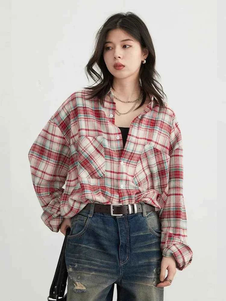 Women Vintage Plaid Oversize Long Sleeve Shirt