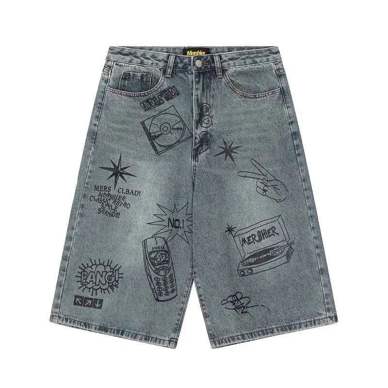 Cool Streetwear Graffiti Printed Loose Wide Leg Jorts