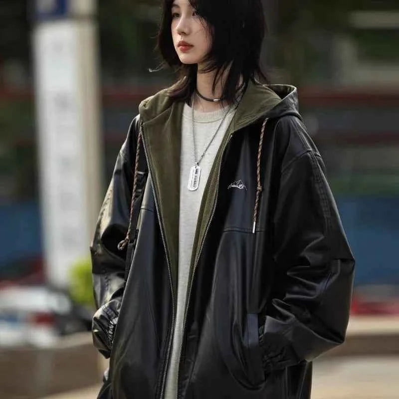 Chic Black PU Leather Hooded Zipper Jacket