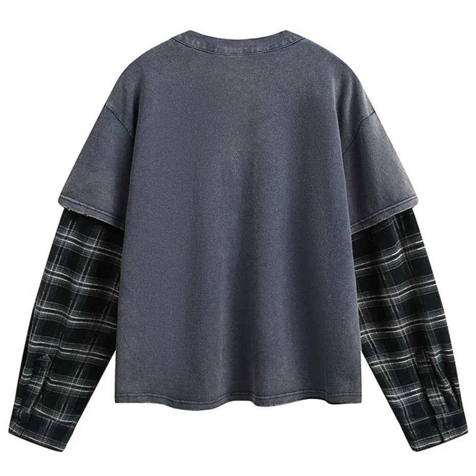 Plaid Patchwork Fake Two-Piece Long Sleeve T-Shirt