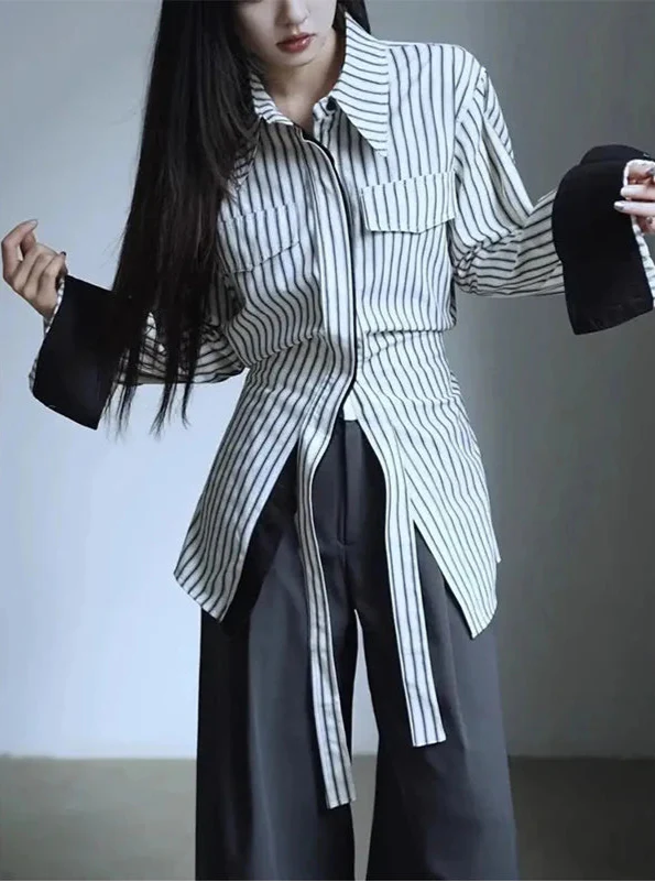 Elegant Vintage Striped Patchwork Blouses Shirt - Luxuryurbanwear