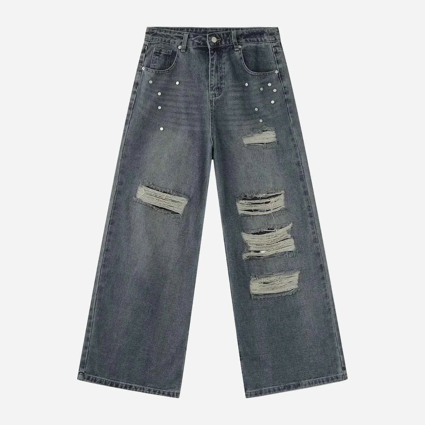 Stylish Patchwork Metal Studs Distressed Jeans