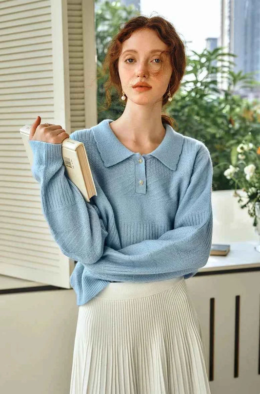 Breathable Blue Knitted Classic Polo Sweater