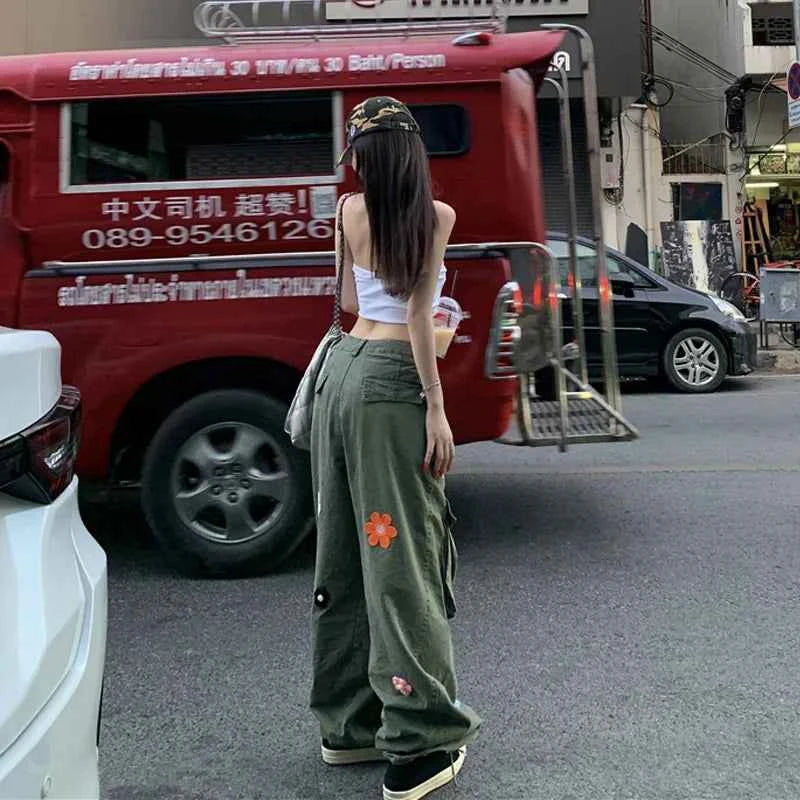 Vintage Green Flower Cargo Pants