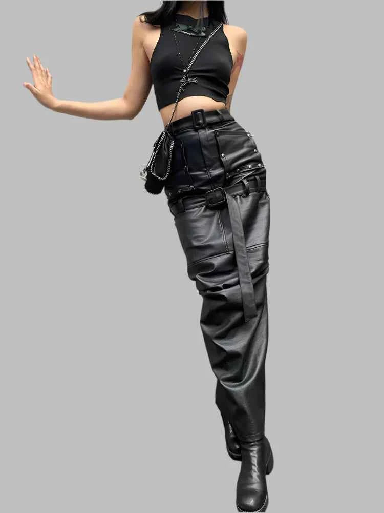 Luxury Black PU Leather Maxi Skirt
