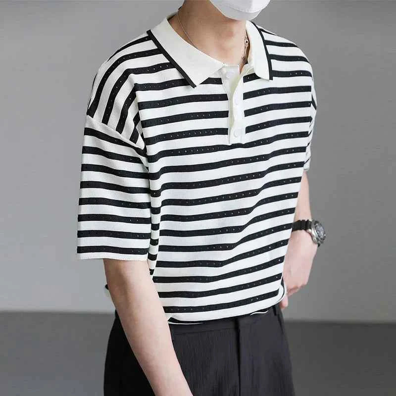 Classic Luxury Striped Polo Button Down T-Shirt