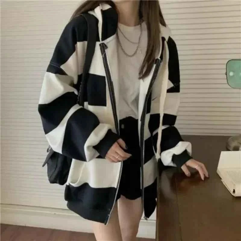 Stylish Korean Style Striped Loose Hooded Sweatshirt