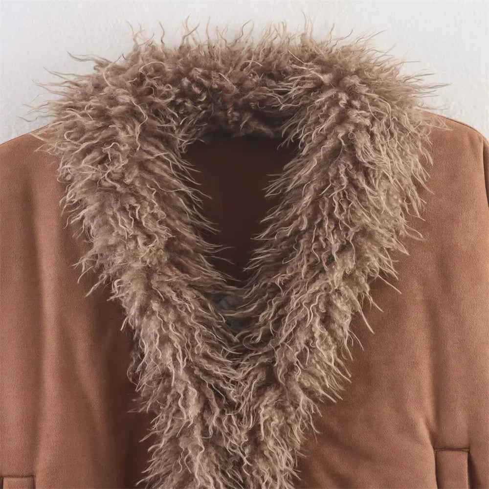 Y2K Cozy Faux Fur V-Neck Collar Cotton Jacket