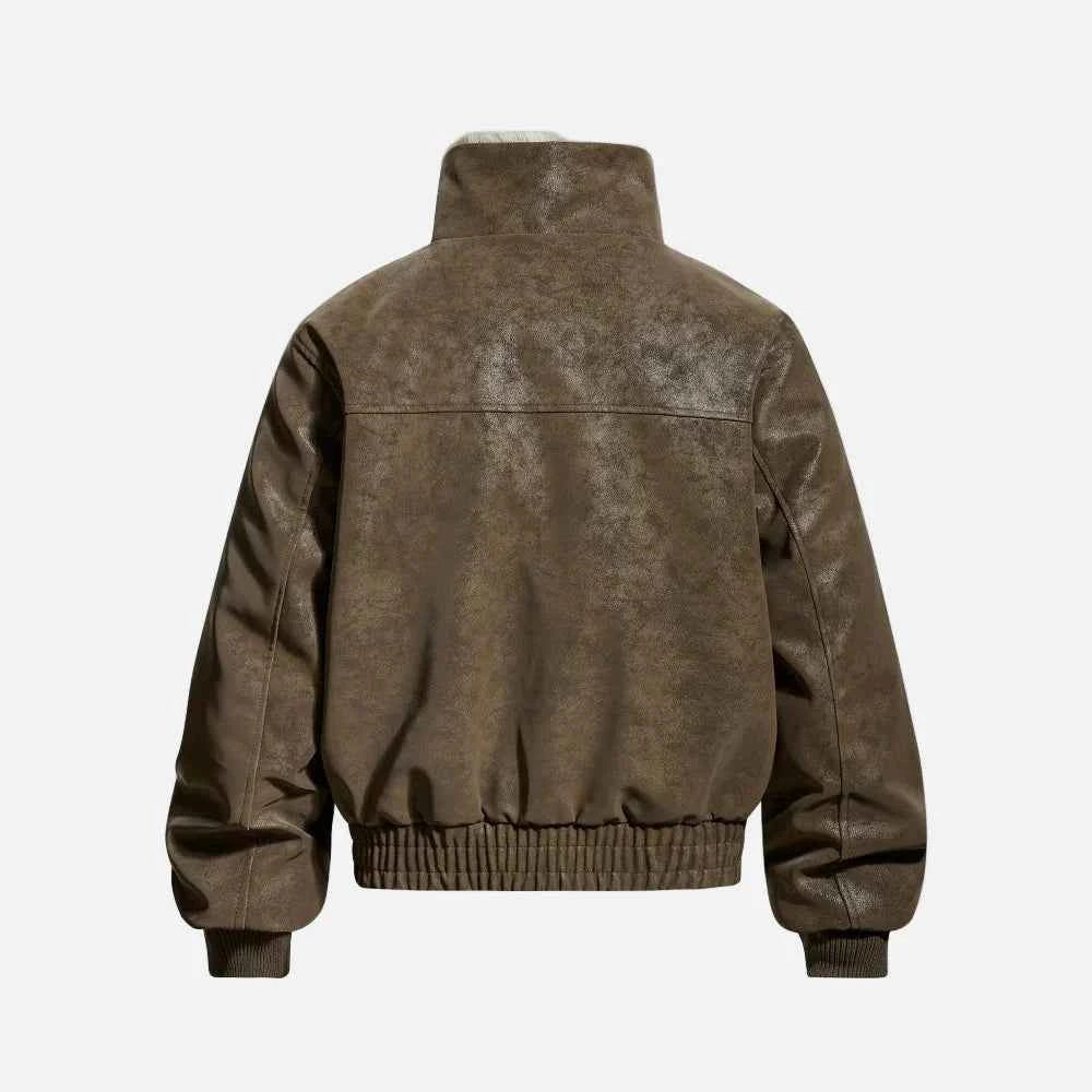 Retro Spliced Turn Down Collar Fur Leather Jacket
