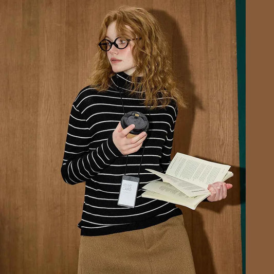 Vintage Stripe Knit High Neck Long Sleeve T-Shirt