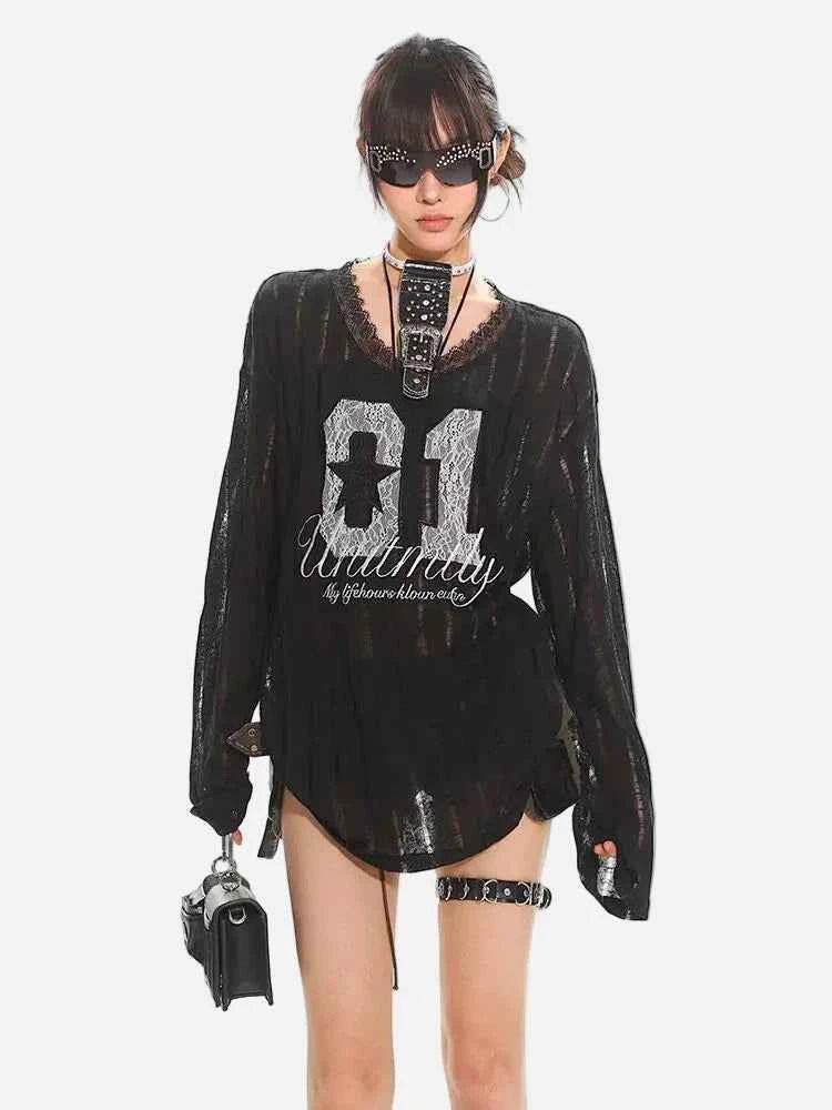 Hollow Out Lace Sexy V-Neck Long Sleeve T-Shirt