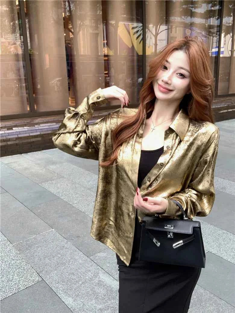Women Classic Luxury Golden Color Long Sleeve Shirt