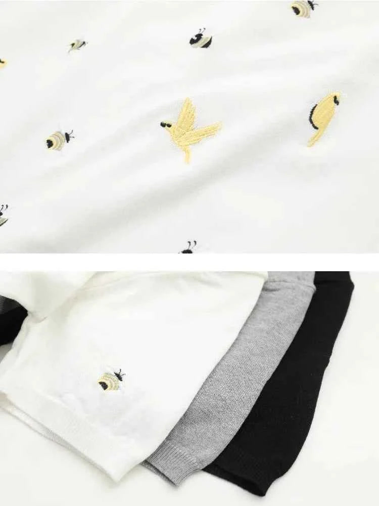 Bird Embroidery Round Neck Casual T-Shirt
