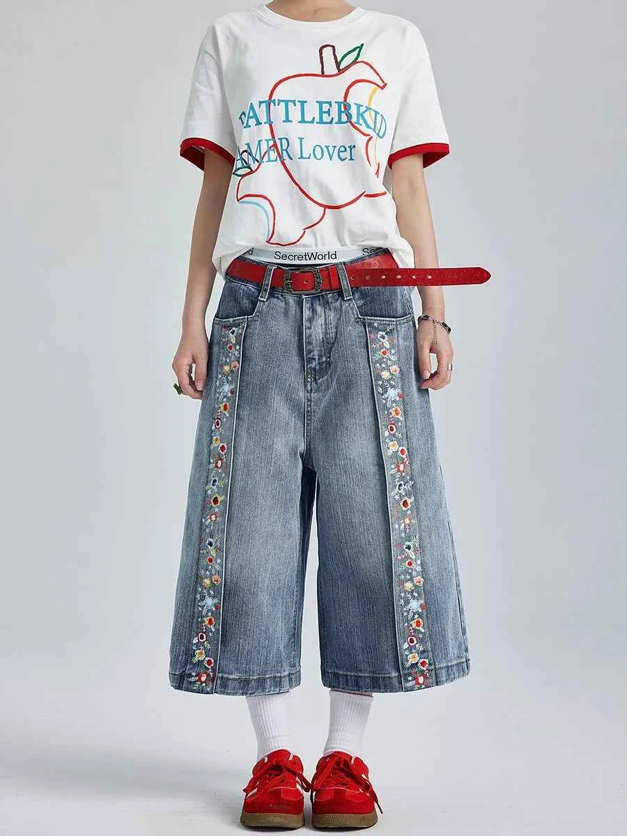 Vintage Wash Floral Print Denim Jorts